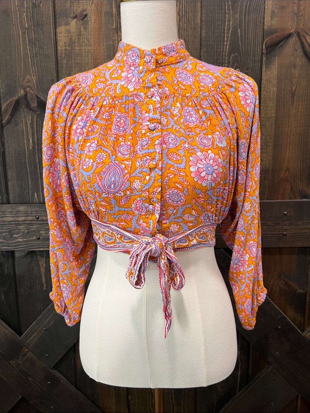 Rachel Roy Floral Crop Top XS Ruffle Collar Button Tie Sleeves Boho Festival